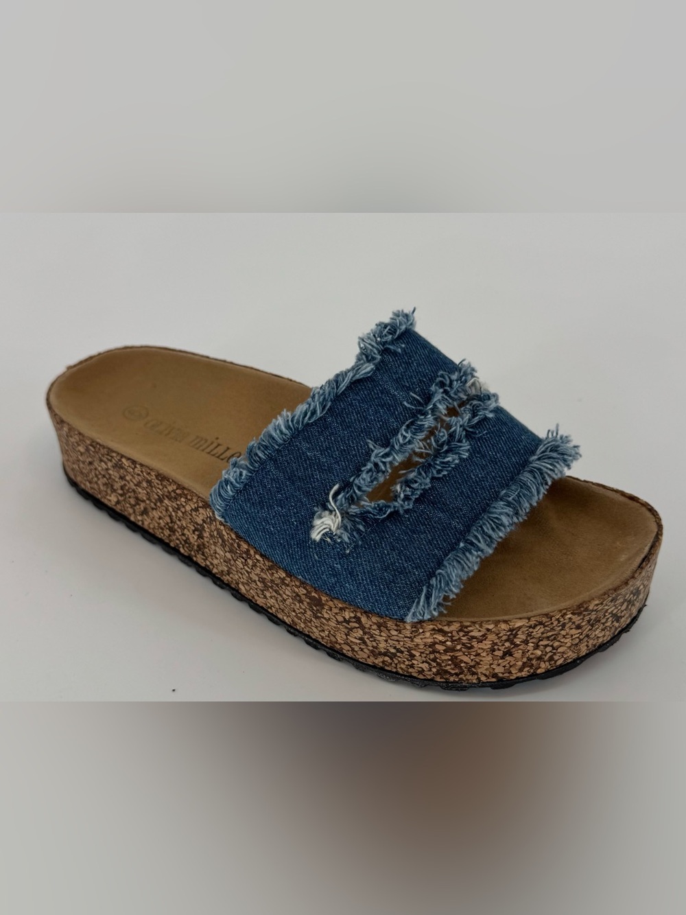 Olivia Miller Women’s Distressed Denim Cork Slide - Denim Blue Size 6
